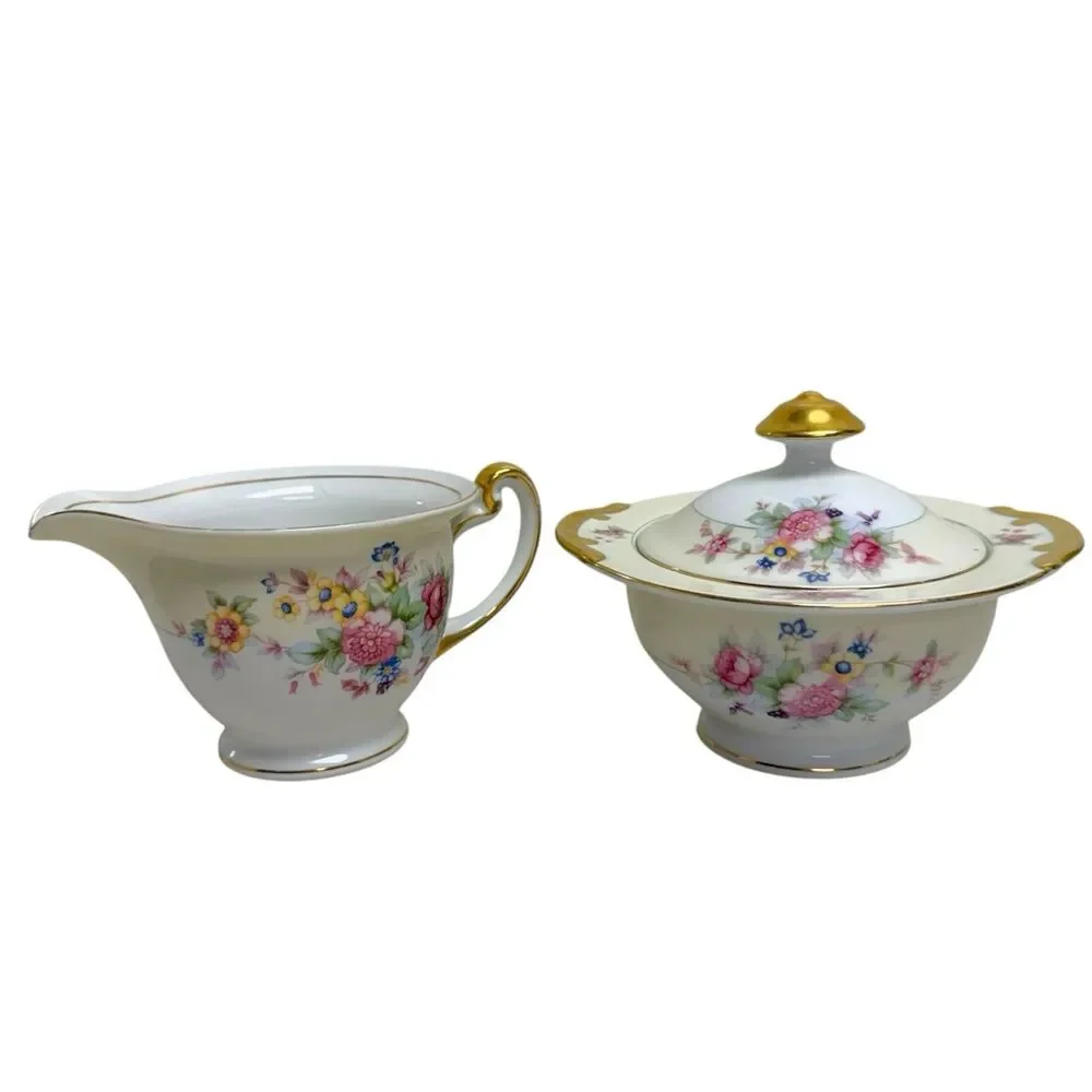 Vintage Blossom China Porcelain Sugar‎ Bowl w/Lid & Creamer Set Floral Japan